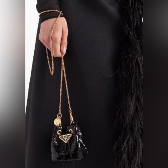 PRADA bag • Black Sequined Satin Mini Pouch with Gold Accents & Crossbody Chain - Picture 7 of 13
